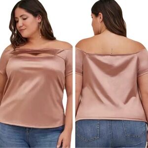 NEW TORRID Off-Shoulder Cutoutโ Top Stretch Satin Pink Sz 3X Plus Glam Flirty